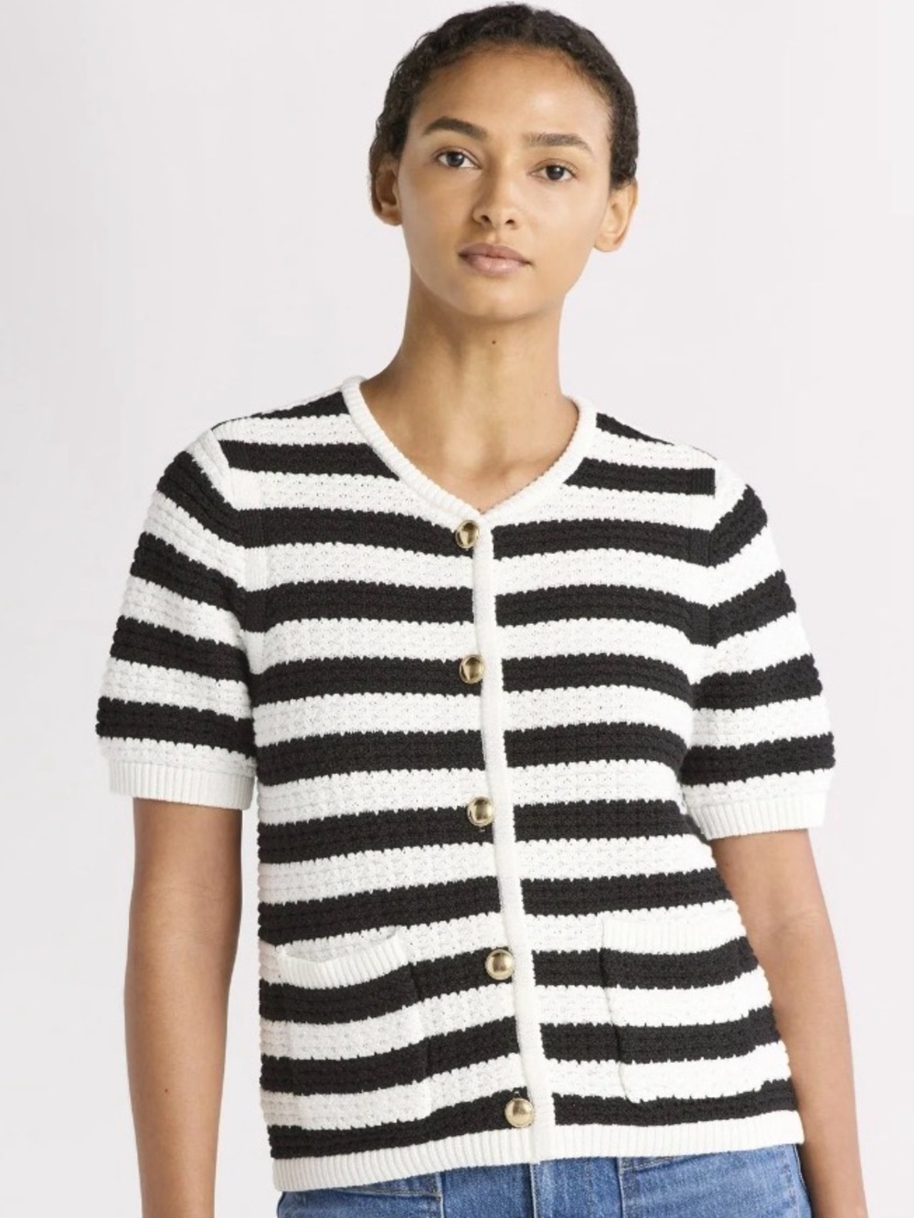 Free Assembly Black & White Knit Short Sleeve Cardigan Sweater Size S NWT